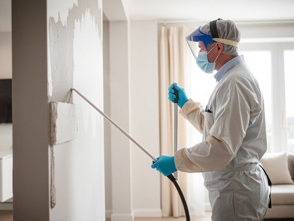 Đội ngũ nhân viên vệ sinh chuyên nghiệp đang thực hiện quy trình xử lý chống nấm mốc trên tường nhà, môi trường làm việc hiện đại, ánh sáng rõ nét, minh họa dịch vụ tẩy mốc nhà trọn gói