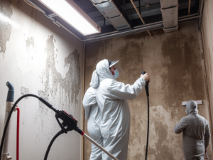 Đội ngũ nhân viên vệ sinh chuyên nghiệp đang xử lý nấm mốc trên tường nhà, sử dụng thiết bị chuyên dụng trong môi trường làm sạch công nghiệp, ánh sáng đèn trần rõ ràng, phong cách nhiếp ảnh chân thực