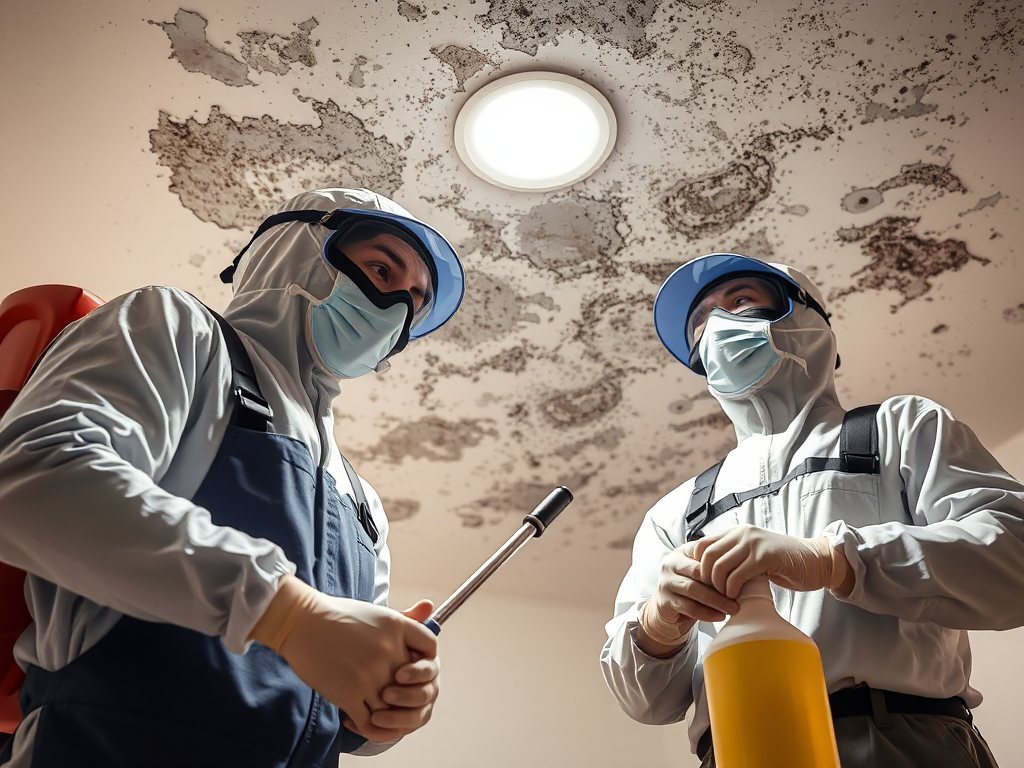 Đội ngũ nhân viên vệ sinh chuyên nghiệp mặc đồ bảo hộ đang xử lý mốc trên trần nhà với các dung dịch tẩy rửa an toàn, đảm bảo hiệu quả và bảo vệ sức khỏe.