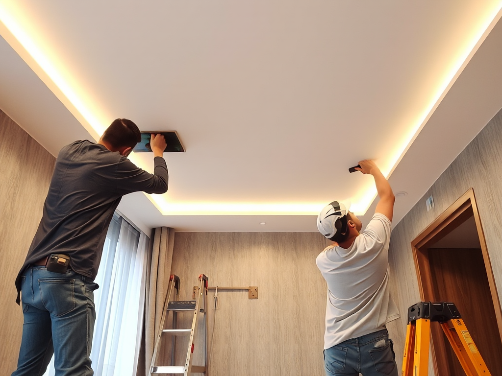 Đội ngũ thi công chuyên nghiệp đang sửa chữa trần thạch cao trong căn hộ tại Hà Nội, ánh sáng LED sáng rõ, thể hiện sự tỉ mỉ và chất lượng trong cải tạo nội thất.