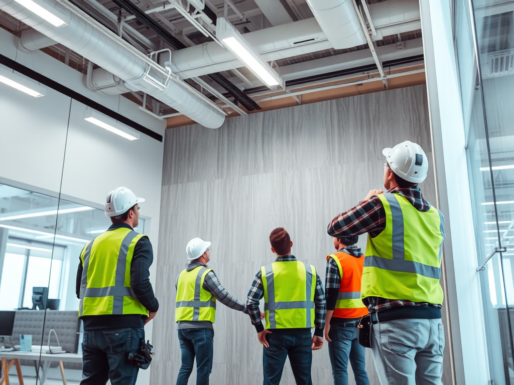 Đội ngũ thi công lắp đặt vách thạch cao cách âm trong văn phòng hiện đại, ánh sáng đèn chiếu sáng, chi tiết kỹ thuật cao, môi trường công nghiệp chuyên nghiệp