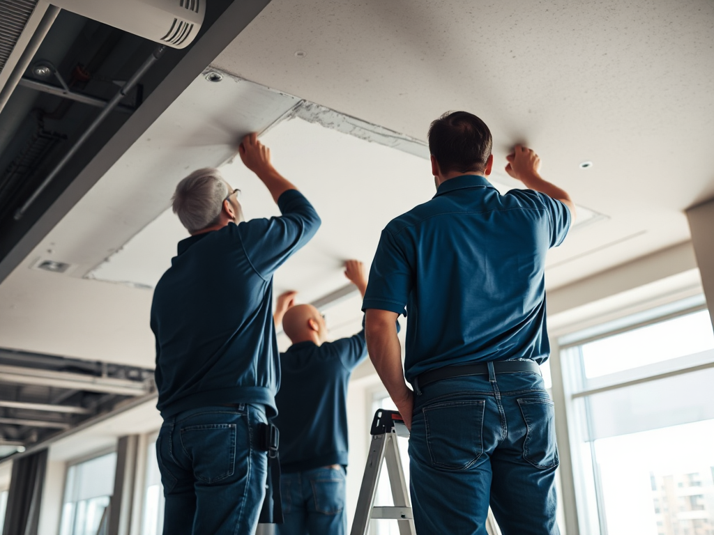 Đội ngũ thợ chuyên nghiệp đang sửa chữa trần thạch cao trong văn phòng hiện đại, ánh sáng tự nhiên, chi tiết kỹ thuật cao, dịch vụ vá trần thạch cao tại Hà Nội