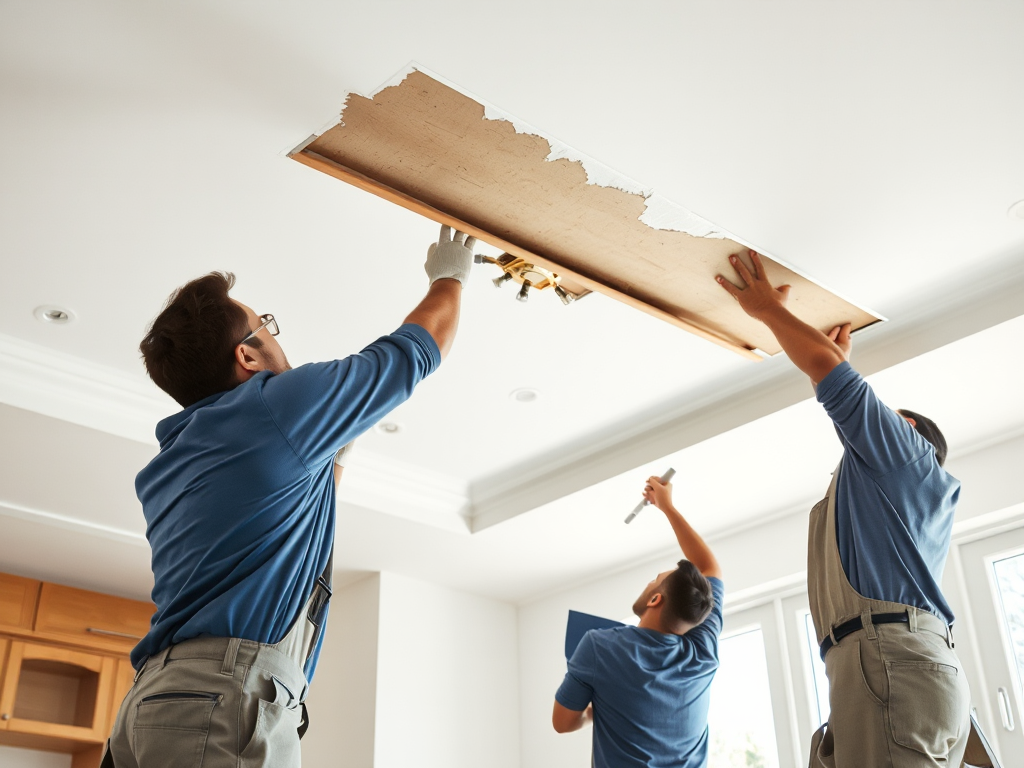 Đội ngũ thợ chuyên nghiệp đang sửa chữa trần thạch cao trong không gian nội thất nhà ở hiện đại, ánh sáng tự nhiên chiếu sáng, chi tiết tinh xảo trong quá trình làm việc.