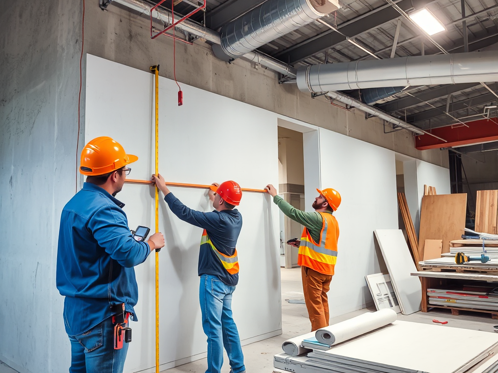 Đội thi công đang lắp đặt vách thạch cao ngăn phòng, sử dụng thước đo và dụng cụ chuyên dụng trong xưởng sản xuất, ánh sáng tự nhiên chiếu sáng không gian làm việc