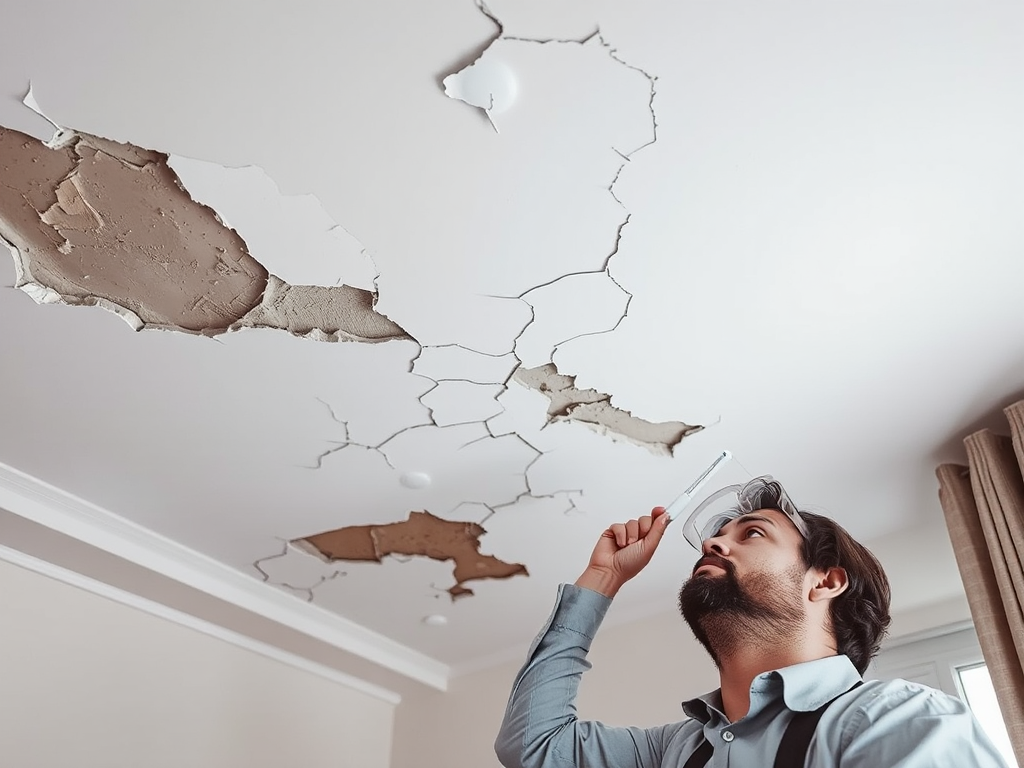 Hình ảnh trần thạch cao bị hư hỏng với các vết nứt và ố vàng do nước, kỹ thuật viên đang kiểm tra, trong không gian nội thất hiện đại, ánh sáng tự nhiên nhẹ nhàng, phong cách chụp ảnh thực tế.