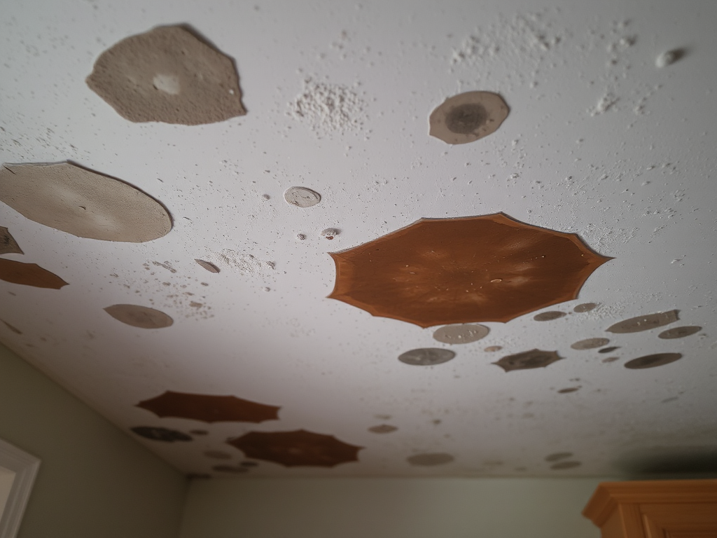 Hình ảnh vết mốc trên trần nhà, vết ố vàng do ẩm mốc, bề mặt trần bị hư hỏng, tình trạng ẩm thấp trong nhà.