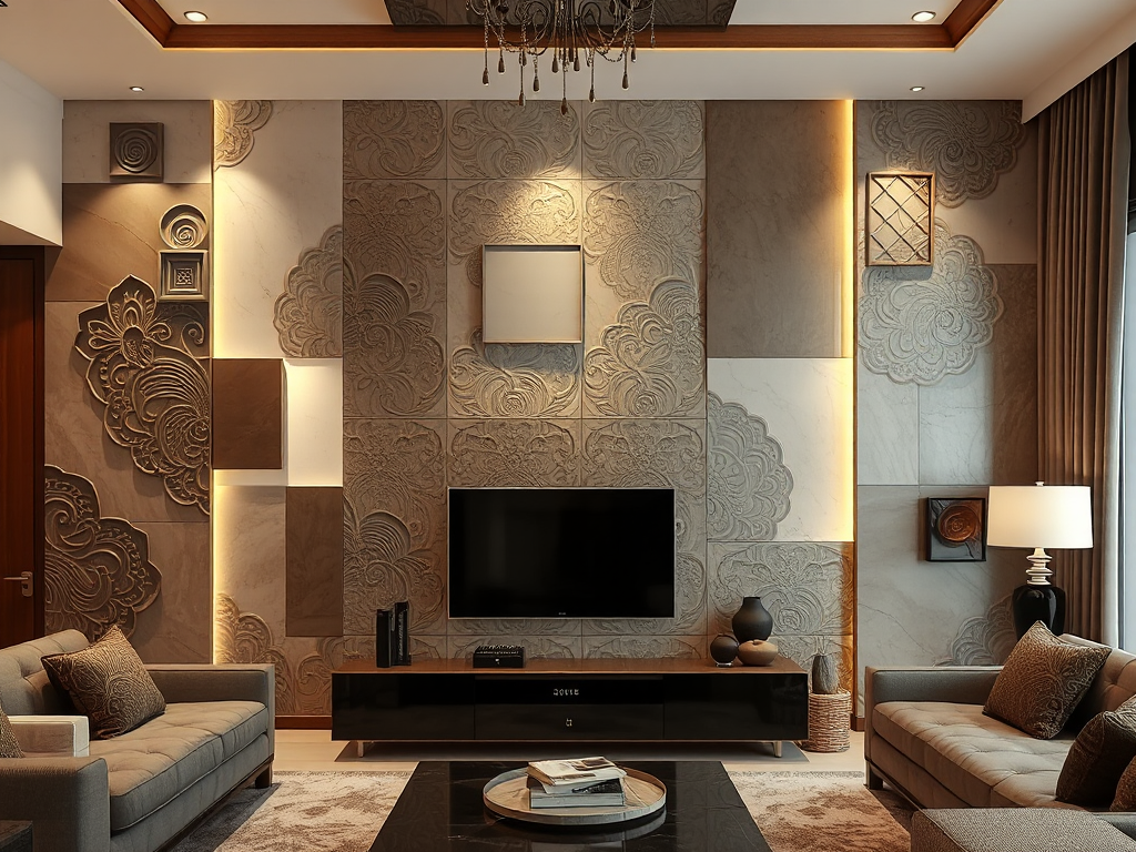Không gian phòng khách hiện đại với vách thạch cao trang trí đa dạng hoa văn, ánh sáng dịu tạo điểm nhấn cho bề mặt, thiết kế nội thất đương đại.