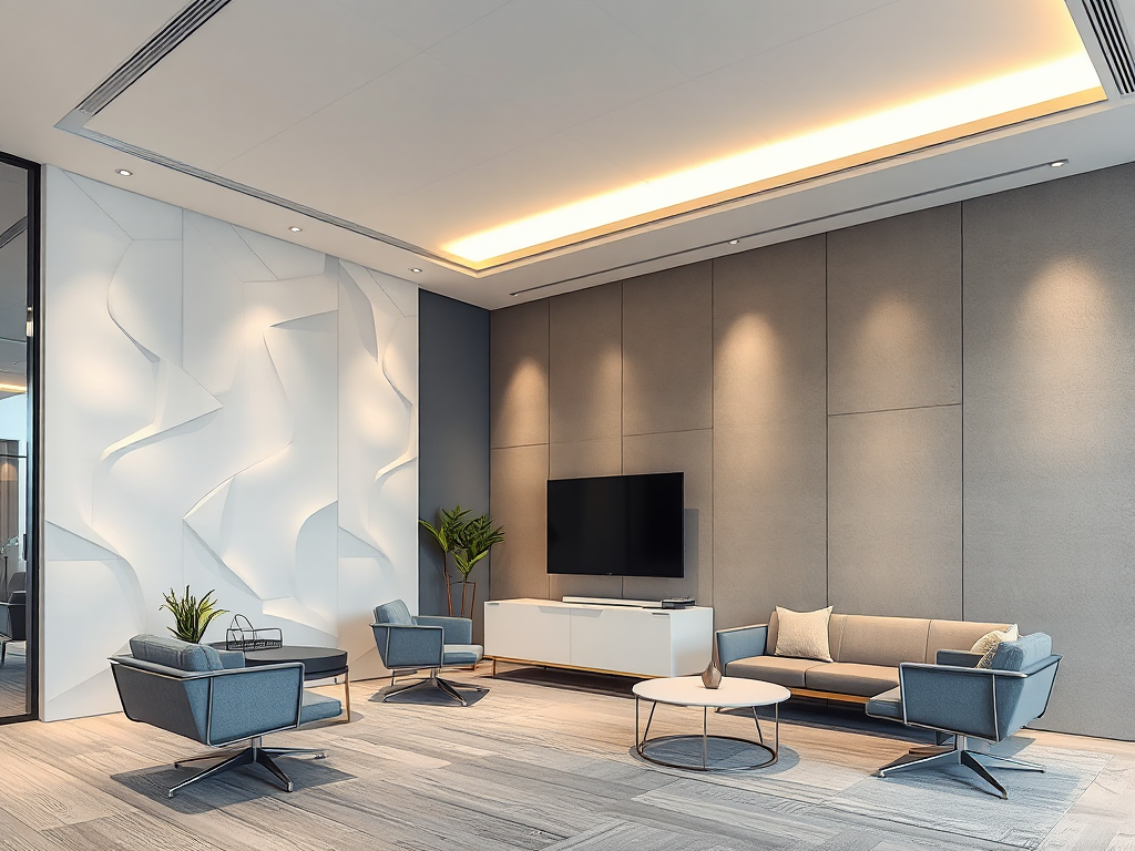 Không gian văn phòng hiện đại với vách thạch cao trang trí, ánh sáng ấm áp và nội thất tối giản, tạo nên môi trường làm việc sang trọng và chuyên nghiệp.