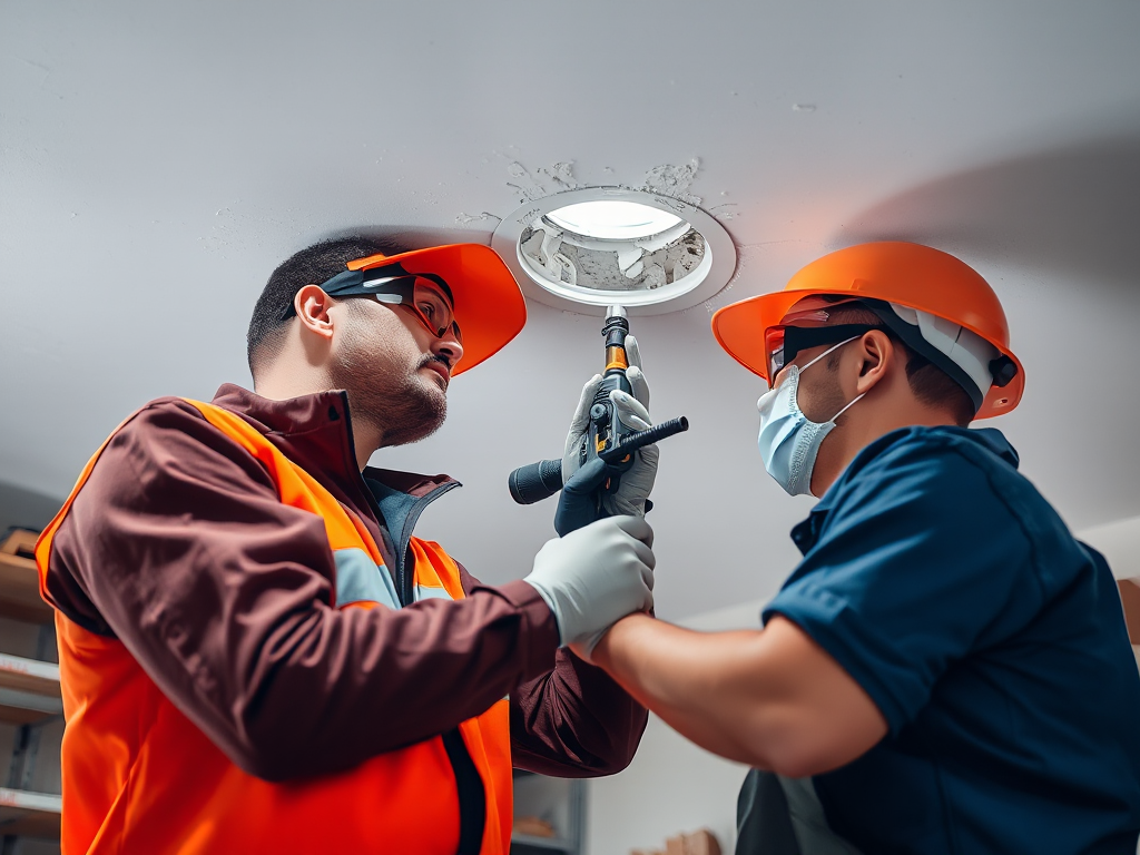 Kỹ thuật viên chuyên nghiệp đang đeo đồ bảo hộ cẩn thận sửa chữa lỗ thủng trên trần thạch cao với các dụng cụ chuyên dụng trong xưởng làm việc được chiếu sáng tốt