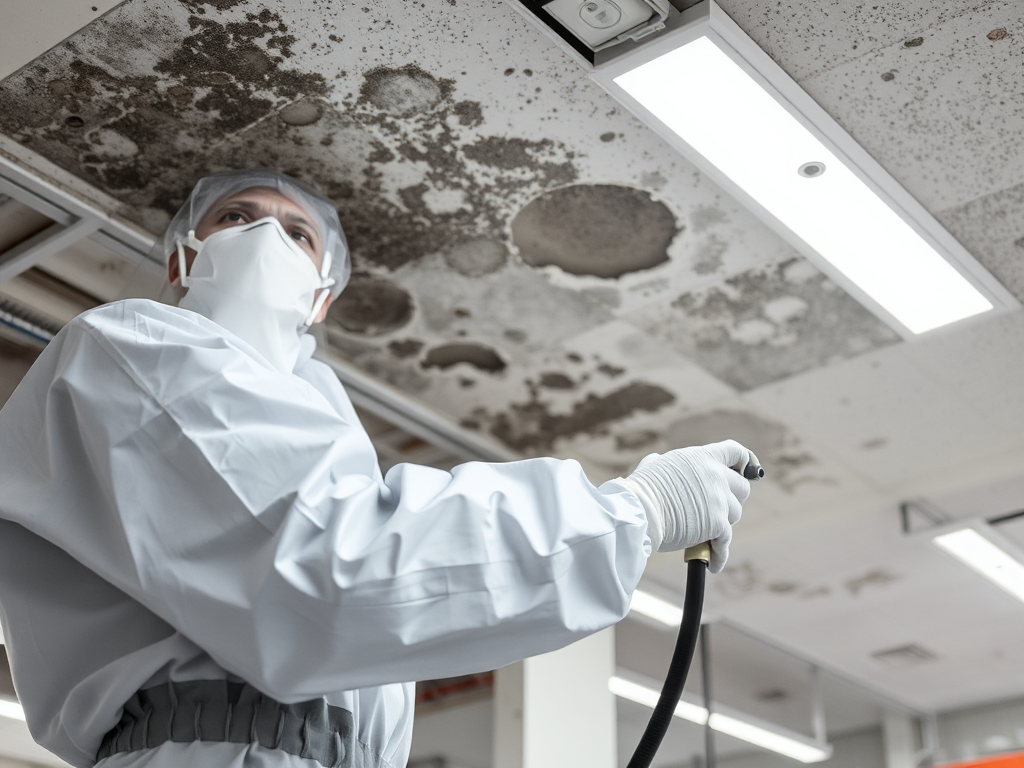 Kỹ thuật viên chuyên nghiệp đang phun dung dịch tẩy mốc lên trần nhà, mặc đồ bảo hộ đầy đủ, ánh sáng rõ ràng, không gian công nghiệp an toàn