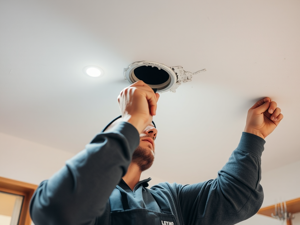 Kỹ thuật viên chuyên nghiệp đang sửa chữa lỗ trên trần thạch cao, tập trung vào việc vá lại khu vực bị hư hỏng, ánh sáng trong xưởng rõ ràng, thể hiện kỹ năng thủ công chi tiết trong quá trình cải ...