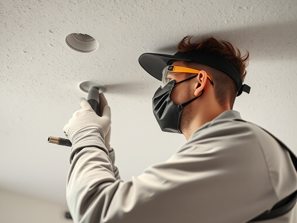 Kỹ thuật viên chuyên nghiệp đang sửa chữa trần thạch cao, mặc đồ bảo hộ, dùng các dụng cụ để bịt lỗ, trong xưởng làm việc có ánh sáng rõ ràng
