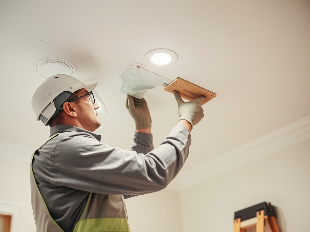 Kỹ thuật viên chuyên nghiệp đang sửa chữa trần thạch cao, tập trung vào khu vực hư hỏng, ánh sáng rõ ràng trong xưởng, thể hiện tay nghề chi tiết trong xây dựng.