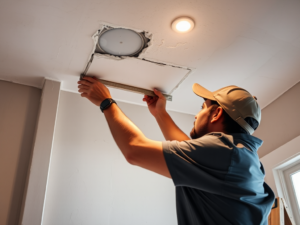 Kỹ thuật viên chuyên nghiệp đang sửa chữa trần thạch cao, đo và cắt miếng vá, ánh sáng rõ ràng trong xưởng, cảnh hướng dẫn cải tạo nhà chi tiết