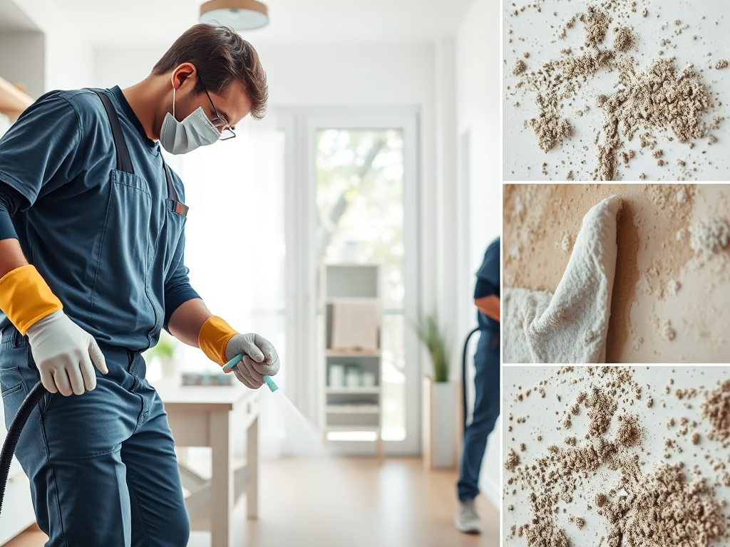 Nhóm chuyên gia đang tẩy mốc trên nhiều bề mặt khác nhau trong nhà, sử dụng các dụng cụ và hóa chất chuyên dụng để loại bỏ vết mốc hiệu quả trên tường, trần và các khu vực ẩm ướt.