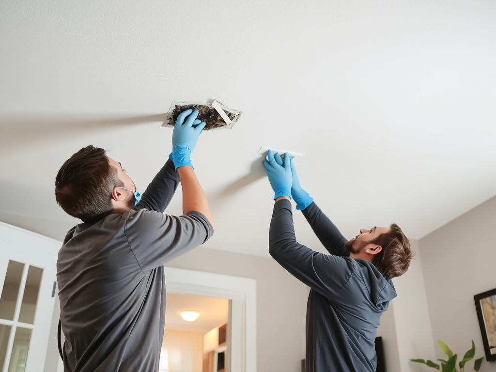 Nhóm chuyên gia đang xử lý mốc trên trần nhà bằng các biện pháp phòng ngừa, ánh sáng tự nhiên trong không gian nội thất hiện đại