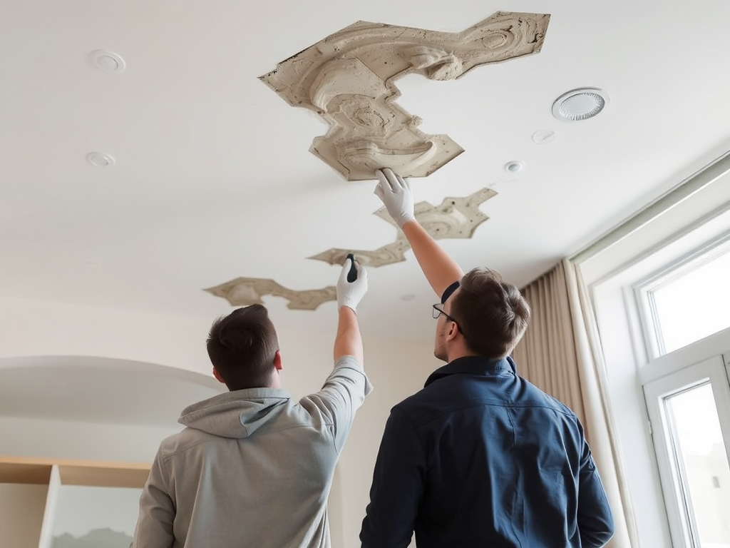 Nhóm chuyên gia kiểm tra mốc trên trần nhà trong không gian nội thất hiện đại, ánh sáng tự nhiên nhẹ nhàng, tập trung vào khu vực bị ảnh hưởng