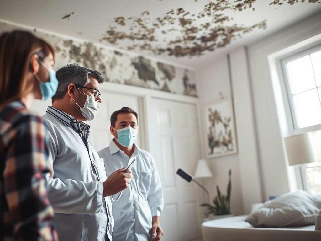 Nhóm chuyên gia kiểm tra và xử lý mốc trong nhà ở, ánh sáng rõ nét làm nổi bật khu vực bị ảnh hưởng, phong cách nhiếp ảnh thực tế