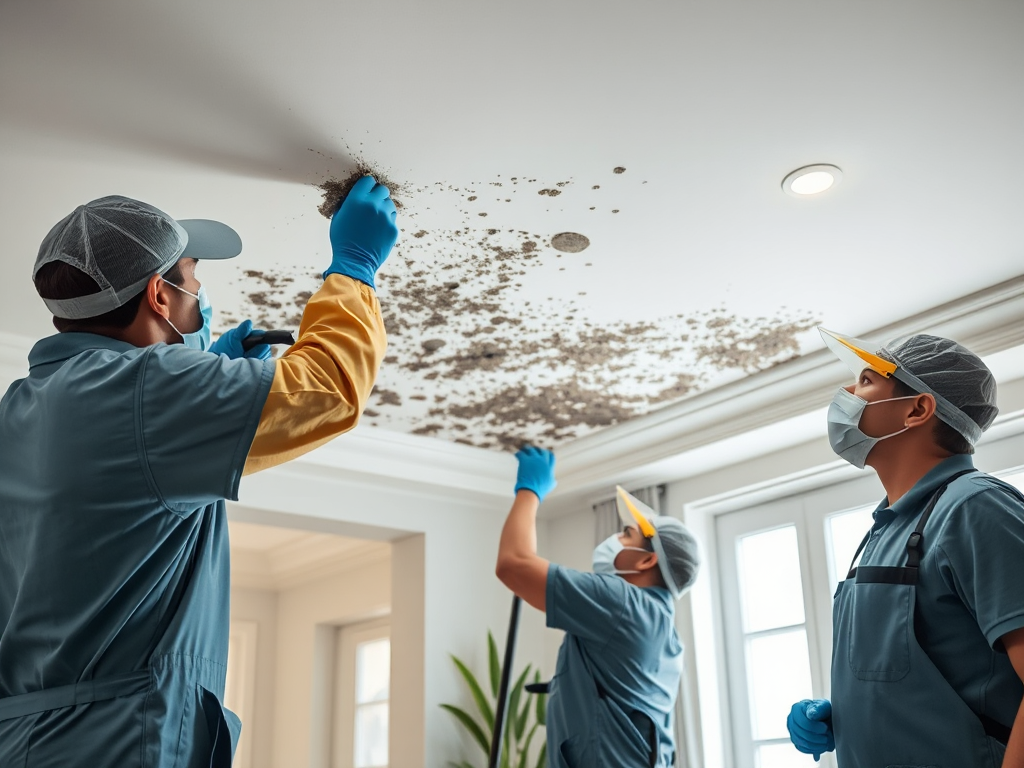 Nhóm chuyên nghiệp đang xử lý mốc trên trần nhà với trang thiết bị bảo hộ, ánh sáng rõ ràng, không gian nội thất hiện đại, tập trung vào quy trình tẩy mốc chi tiết