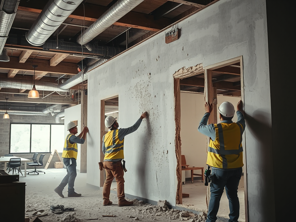 Nhóm công nhân đang phá dỡ vách ngăn thạch cao trong văn phòng, bụi và mảnh vỡ văng ra xung quanh, không gian công nghiệp với khung xương lộ ra, ánh sáng kịch tính tạo hiệu ứng mạnh mẽ.