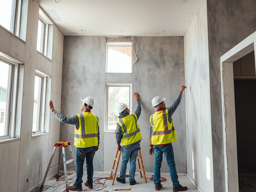 Nhóm công nhân xây dựng đang lắp đặt vách thạch cao trong công trình nhà ở, ánh sáng tự nhiên từ cửa sổ, trang phục bảo hộ lao động chuyên nghiệp