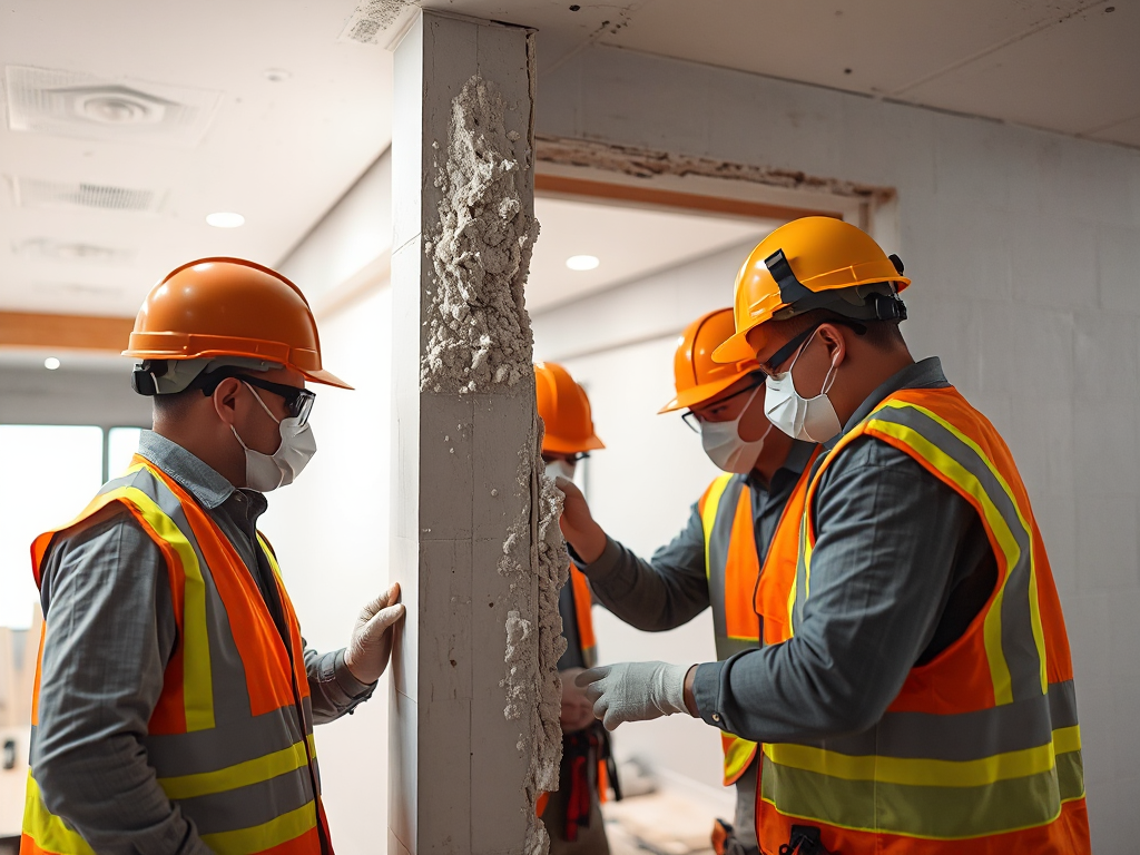 Nhóm công nhân xây dựng đang thực hiện quy trình phá dỡ tường thạch cao an toàn với đầy đủ trang thiết bị bảo hộ, kiểm soát bụi và vật liệu xây dựng xung quanh.