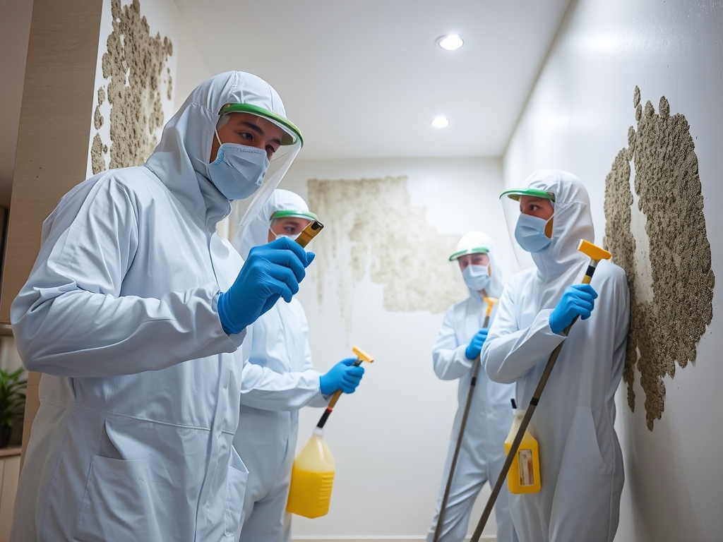 Nhóm nhân viên vệ sinh chuyên nghiệp đang tẩy mốc trên tường nhà bằng dung dịch chuyên dụng, mặc đồ bảo hộ, ánh sáng đèn trần chiếu sáng không gian nội thất hiện đại
