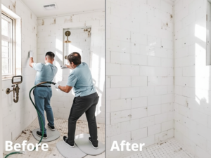 Nhóm nhân viên vệ sinh chuyên nghiệp đang tẩy mốc trên bề mặt gạch nhà vệ sinh, ánh sáng tự nhiên rõ ràng, thể hiện sự thay đổi trước và sau khi làm sạch, cận cảnh chi tiết quá trình xử lý mốc hiệu...