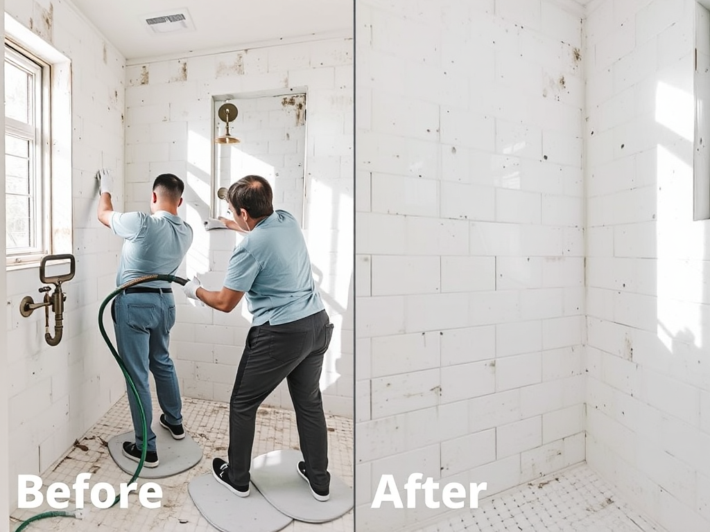 Nhóm nhân viên vệ sinh chuyên nghiệp đang tẩy mốc trên bề mặt gạch nhà vệ sinh, ánh sáng tự nhiên rõ ràng, thể hiện sự thay đổi trước và sau khi làm sạch, cận cảnh chi tiết quá trình xử lý mốc hiệu...