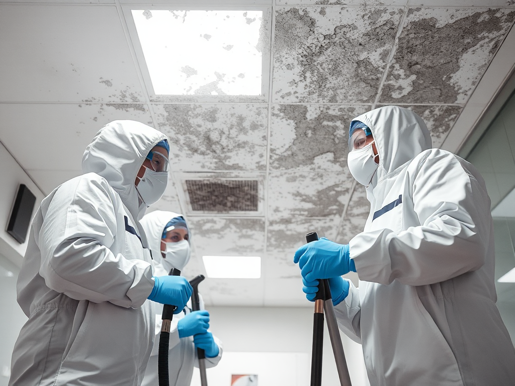 Nhóm nhân viên vệ sinh chuyên nghiệp đang xử lý mốc trên trần nhà bằng thiết bị chuyên dụng, mặc đồ bảo hộ, ánh sáng rõ nét làm nổi bật bề mặt sạch sẽ trong không gian nội thất hiện đại