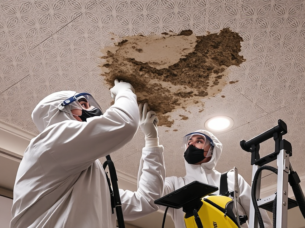 Nhóm nhân viên vệ sinh chuyên nghiệp đang xử lý mốc trên trần nhà với trang thiết bị bảo hộ, sử dụng máy móc công nghiệp và hóa chất chuyên dụng trong không gian sáng rõ