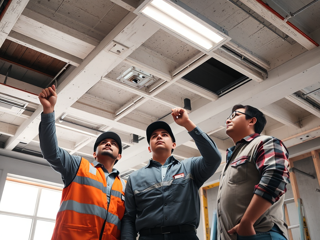 Nhóm thợ chuyên nghiệp đang kiểm tra và sửa chữa trần thạch cao, ánh sáng mạnh từ trên cao, không gian thi công xây dựng hiện đại