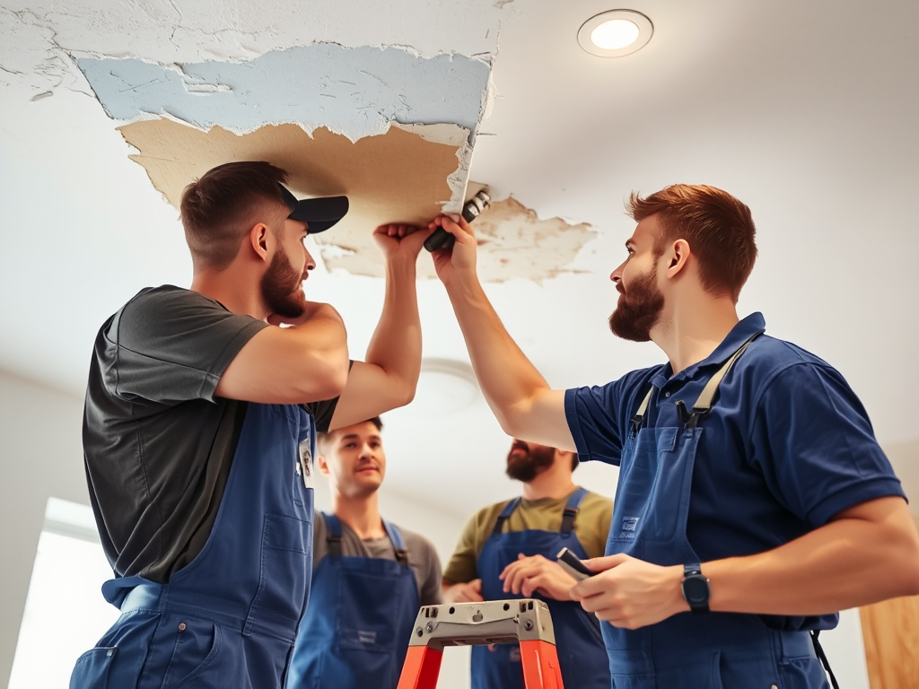 Nhóm thợ chuyên nghiệp đang sửa chữa trần thạch cao, tập trung vào việc vá các vị trí hư hỏng trong xưởng làm việc sáng sủa.