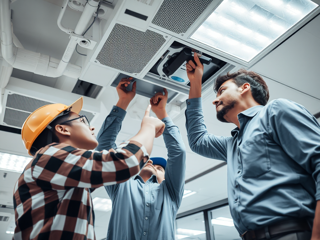 Nhóm thợ chuyên nghiệp đang sửa chữa trần thạch cao trong văn phòng hiện đại, làm việc cẩn thận với dụng cụ chuyên dụng, ánh sáng đèn chiếu rõ ràng Nhóm thợ chuyên nghiệp đang sửa chữa trần thạch cao trong văn phòng hiện đại, làm việc cẩn thận với dụng cụ chuyên dụng, ánh sáng đèn chiếu rõ ràng