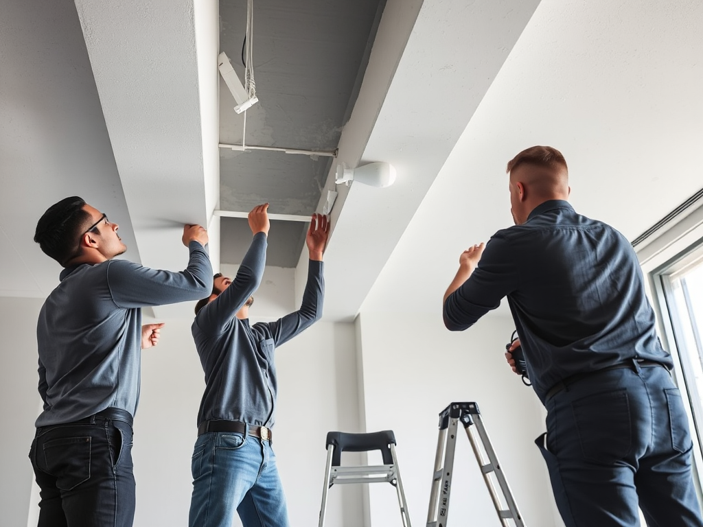 Nhóm thợ chuyên nghiệp đang sửa chữa trần thạch cao trong văn phòng hiện đại, ánh sáng tự nhiên nhẹ nhàng, chi tiết công việc xây dựng rõ nét