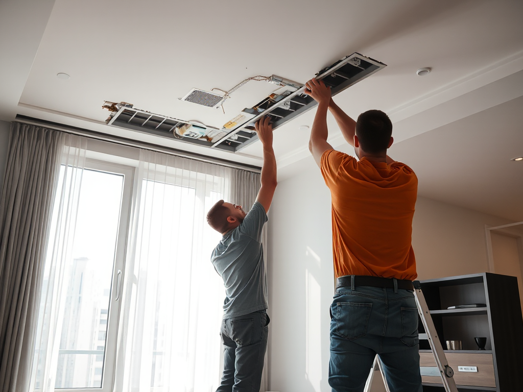 Nhóm thợ chuyên nghiệp đang sửa chữa trần thạch cao trong căn hộ hiện đại với ánh sáng tự nhiên, tập trung vào chi tiết thi công trần thạch cao hà nội