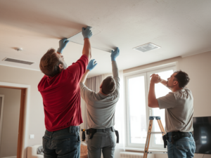 Nhóm thợ chuyên nghiệp đang sửa chữa trần thạch cao trong căn hộ hiện đại, ánh sáng tự nhiên nhẹ nhàng, góc chụp xây dựng chi tiết