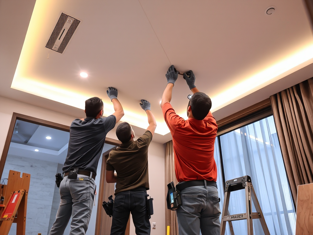 Nhóm thợ chuyên nghiệp đang sửa chữa trần thạch cao trong ngôi nhà hiện đại tại Hà Nội, ánh sáng đèn LED sáng rõ, dụng cụ xây dựng và vật liệu được bày biện xung quanh