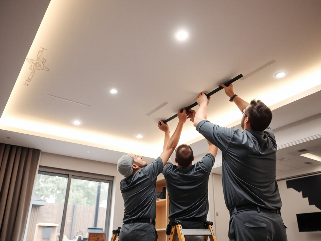 Nhóm thợ chuyên nghiệp đang thi công sửa chữa trần thạch cao trong căn hộ hiện đại với ánh sáng LED chiếu sáng, thể hiện quy trình vá trần thạch cao tại Hà Nội một cách chi tiết và tỉ mỉ