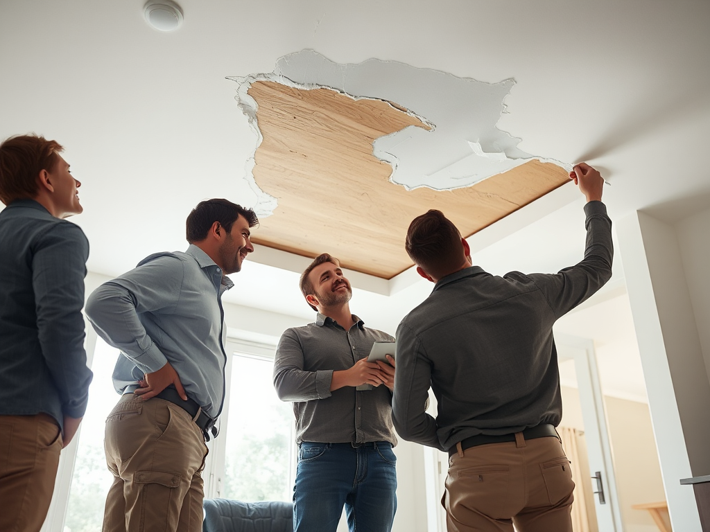 Nhóm thợ chuyên nghiệp kiểm tra công trình sửa trần thạch cao trong nhà hiện đại, ánh sáng tự nhiên rõ nét, tập trung vào chi tiết kỹ thuật xây dựng