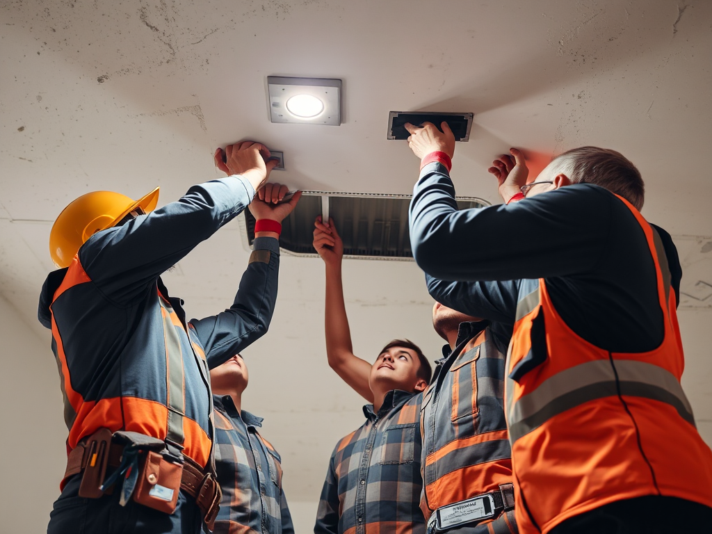 Nhóm thợ đang sửa chữa trần thạch cao với đầy đủ dụng cụ chuyên nghiệp, ánh sáng rõ ràng, không gian làm việc tập trung và ngăn nắp