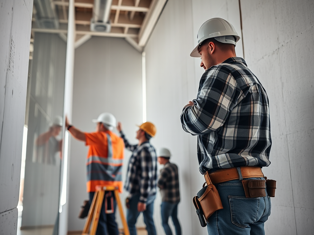 Nhóm thợ thi công lắp đặt vách thạch cao trong công trình xây dựng hiện đại, ánh sáng tự nhiên, chi tiết kỹ thuật rõ nét, môi trường xây dựng chuyên nghiệp