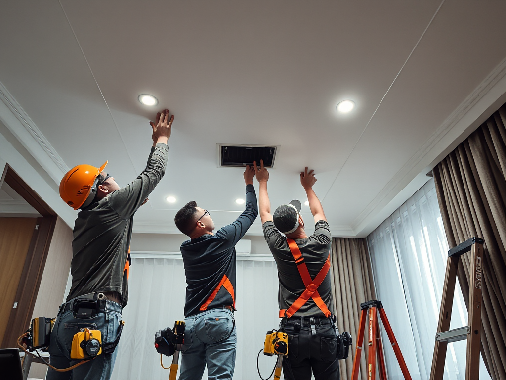 Nhóm thợ xây dựng chuyên nghiệp đang sửa chữa trần thạch cao trong căn hộ tại Hà Nội với đầy đủ dụng cụ hiện đại và ánh sáng rõ ràng Nhóm thợ xây dựng chuyên nghiệp đang sửa chữa trần thạch cao trong căn hộ tại Hà Nội với đầy đủ dụng cụ hiện đại và ánh sáng rõ ràng