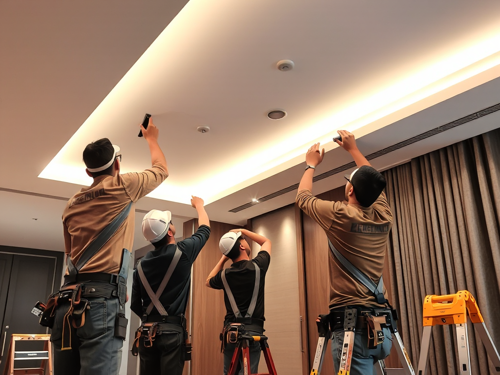 Nhóm thợ xây dựng chuyên nghiệp đang sửa chữa trần thạch cao trong căn hộ tại Hà Nội, ánh sáng đèn LED sáng, dụng cụ hiện đại, thiết kế nội thất đương đại