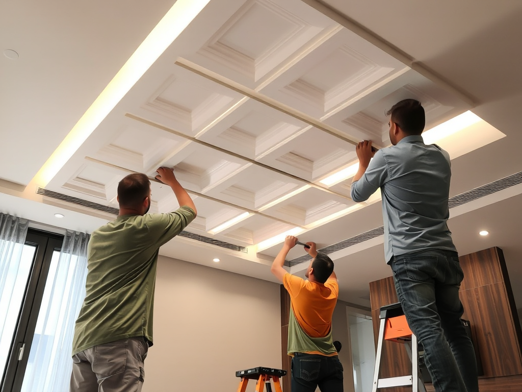 Nhóm thợ xây dựng đang lắp đặt trần thạch cao trong căn hộ hiện đại tại Hà Nội, ánh sáng đèn trần sáng rõ, chi tiết kỹ thuật tinh xảo, không gian nội thất nhà ở