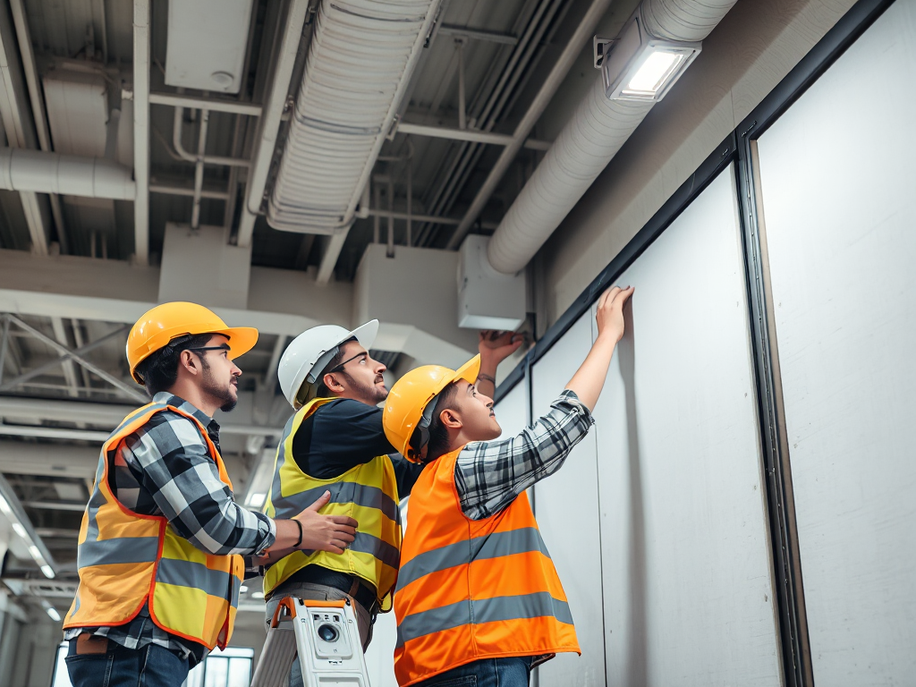 Nhóm thợ xây dựng đang thi công lắp đặt vách thạch cao trong công trình văn phòng hiện đại với ánh sáng đèn chiếu sáng chuyên nghiệp và độ chính xác cao