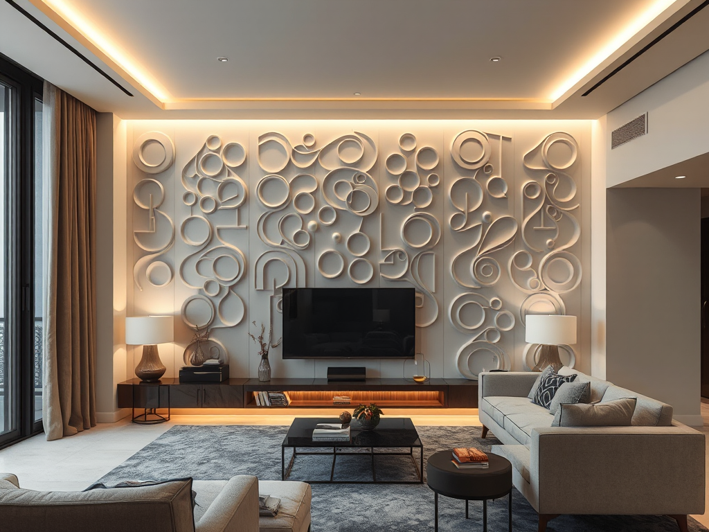 Phòng khách hiện đại với vách thạch cao trang trí, ánh sáng dịu nhẹ, nội thất tối giản, tông màu trung tính ấm áp, thiết kế nội thất đương đại