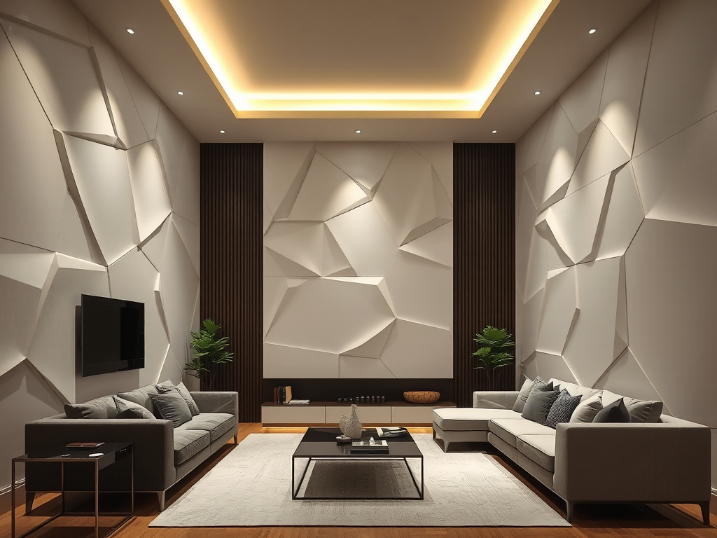 Thiết kế vách thạch cao trang trí với các tấm hình học hiện đại, ánh sáng âm tường tạo không gian ấm cúng, phong cách nội thất tối giản cho phòng khách