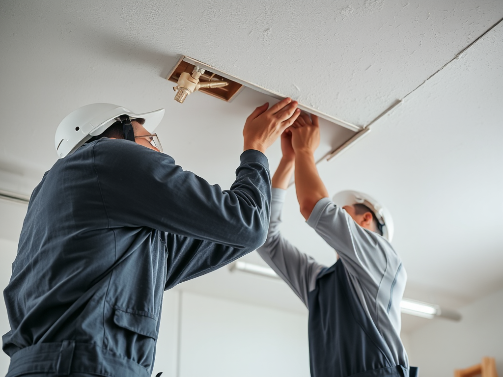 Thợ đang sửa chữa trần thạch cao trong xưởng làm việc, ánh sáng rõ ràng chiếu sáng chi tiết kỹ thuật xây dựng, dịch vụ vá trần thạch cao chuyên nghiệp Thợ đang sửa chữa trần thạch cao trong xưởng làm việc, ánh sáng rõ ràng chiếu sáng chi tiết kỹ thuật xây dựng, dịch vụ vá trần thạch cao chuyên nghiệp