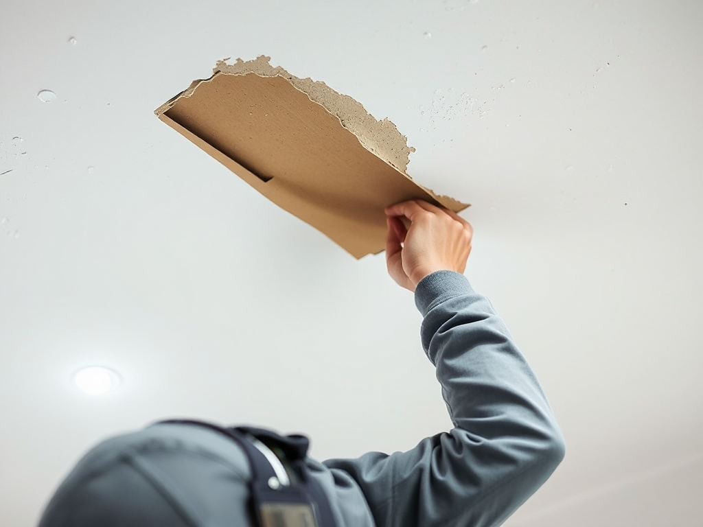 Thợ đang vá trần thạch cao trong xưởng sửa chữa, tập trung vào khu vực bị hỏng, ánh sáng rõ ràng, thể hiện kỹ thuật sửa chữa chuyên nghiệp Thợ đang vá trần thạch cao trong xưởng sửa chữa, tập trung vào khu vực bị hỏng, ánh sáng rõ ràng, thể hiện kỹ thuật sửa chữa chuyên nghiệp